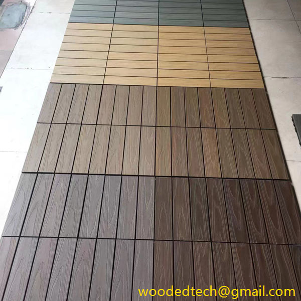 Various wood plastic composite decking tiles laid at the entrance of the exhibition hall