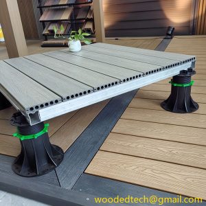 adjustable composite decking supports with adjustable plastic pedestal and aluminum joist