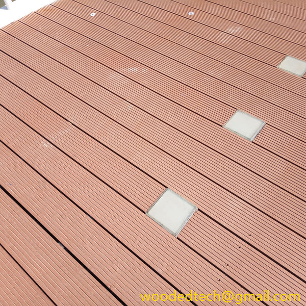 Outdoor composite deck installed with LED lights