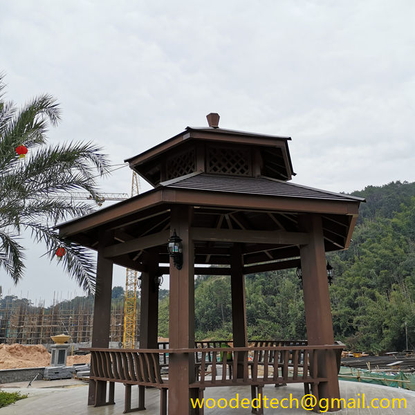 The double-layer pavilion is made of wood plastic composite and steel